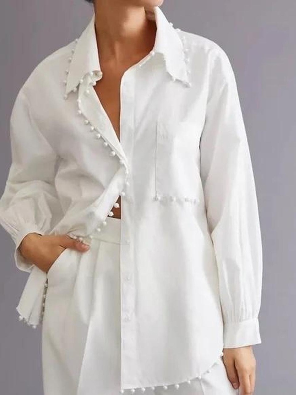 Anthropologie- Hannah Lynn Overaized White Button-Down Shirt with Pearl Details